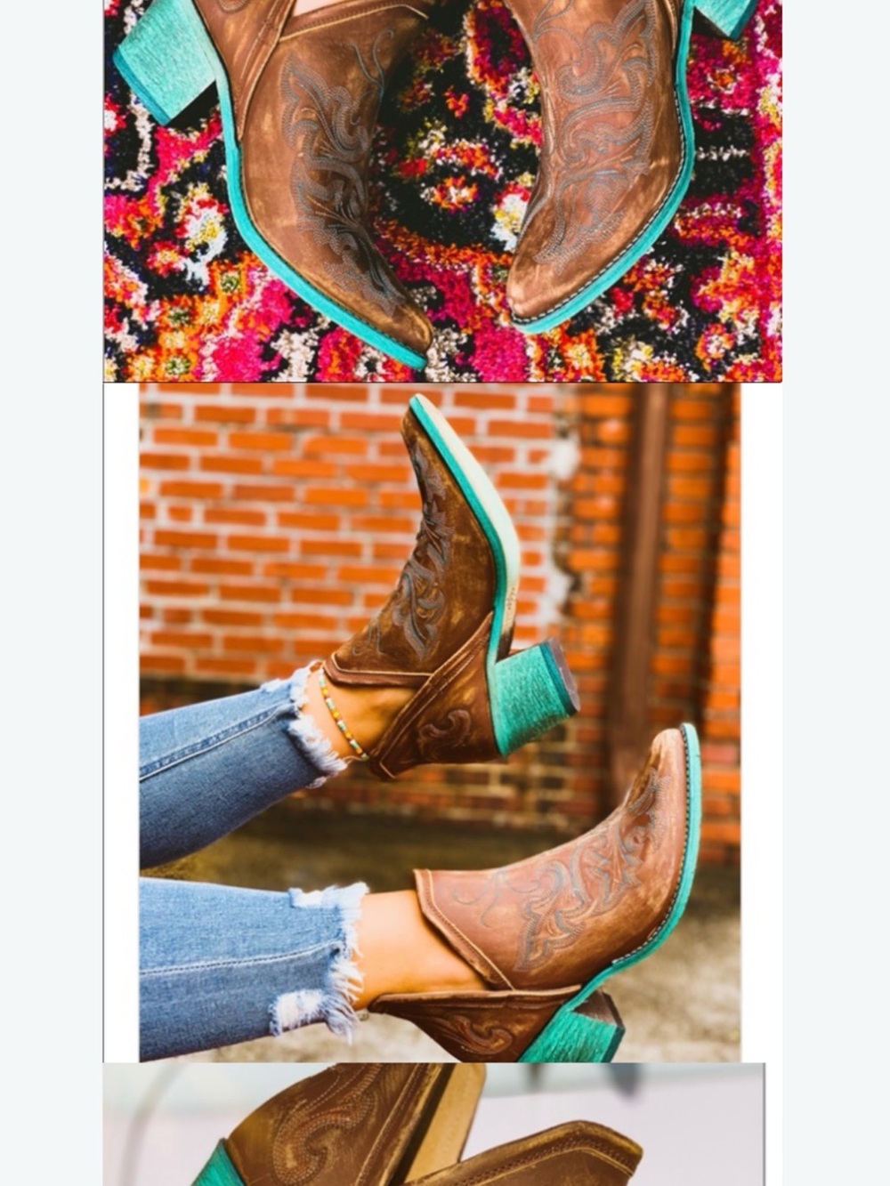 Circle G Brown Leather Ankle boot Booties with Turquoise Heel and Sole, size 8.5